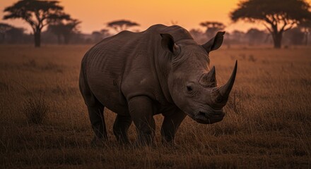Obraz premium Realistic Photo of Rhino in African Savanna During Sunset