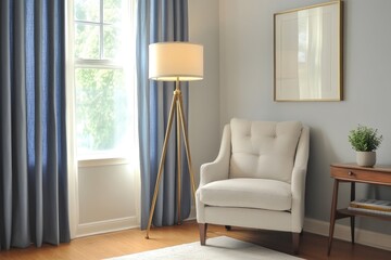 Fototapeta premium Cozy corner with tripod lamp, armchair, and window