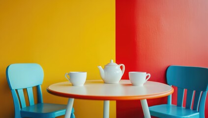 Playroom tea set, bright yellow and red walls