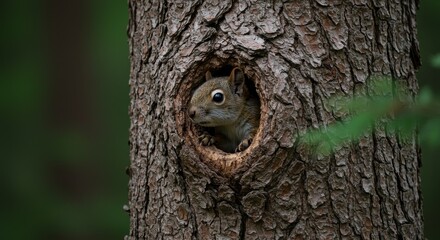 Squirrel in a Tree Trunk Hole Photo Focused on the Animals Face