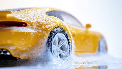 Yellow car toy, covered in suds