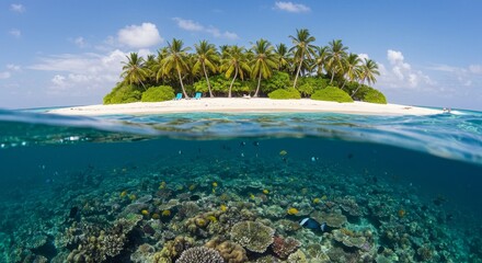Fototapeta premium Tropical Island Photo Underwater Coral Reef with Blue Ocean and Green Palms