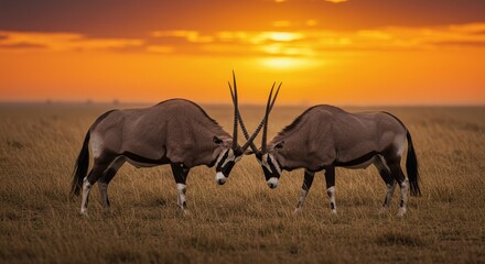 Fototapeta premium Two Oryx Antelopes Fighting Under The Golden Sunset Sky in African Savanna Photo