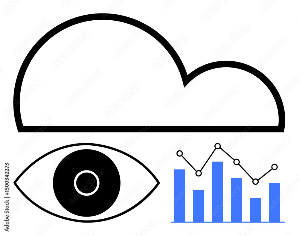 Poster cloud above a viewing eye and analytics chart with bars and dots. ideal for data security, cloud sto