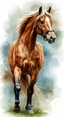 Watercolor Portrait of a Brown Horse Running on Green Field Background