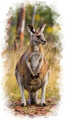 Fototapeta premium Watercolor Portrait of a Kangaroo in Natural Habitat with Golden Brown Fur and Green Grass