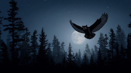 Fototapeta premium Silhouette of great horned owl Bubo virginianus in flight across a moonlit sky pine forest background starlit night mysterious ambiance clean image with nature theme
