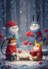 Whimsical Winter Illustration Of Snow Animals Celebrating Love And Hearts