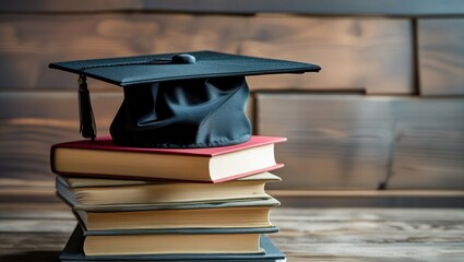 A black graduation cap rests proudly on a stack of books, symbolizing achievement and academic success.

