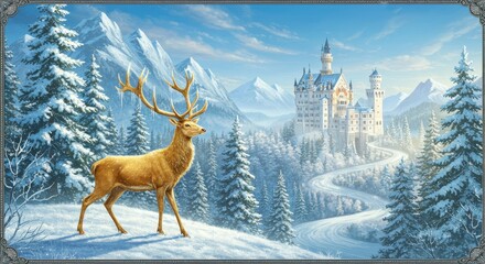 Winter Landscape Photo with Majestic Deer Standing Near White Castle in Snow