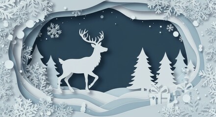 Winter Scene Illustration Deer and Trees in Paper Cut Style with Snow