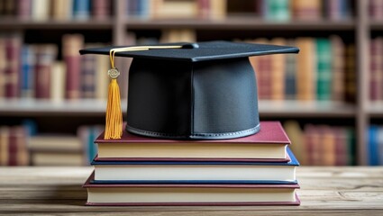 A black graduation cap rests proudly on a stack of books, symbolizing achievement and academic success.
