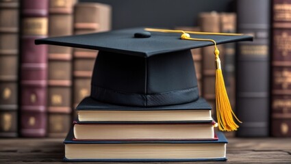A black graduation cap rests proudly on a stack of books, symbolizing achievement and academic success.
