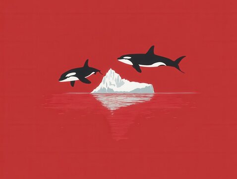 Orche balene sopra iceberg rosso