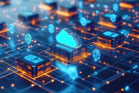 Abstract cloud computing network.  Futuristic circuit board with cloud icon and data centers - Powered by Adobe
