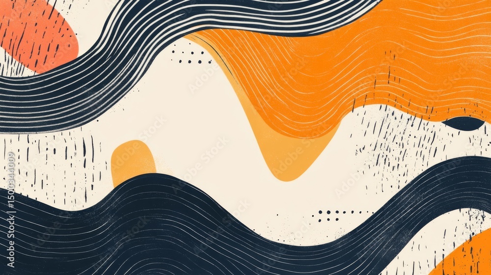 Poster summer horizontal abstract background with hand drawn wavy lines and typography.