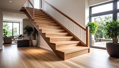 Modern Wooden Staircase with Glass Railing in Bright Home Interior with Minimalist Design.