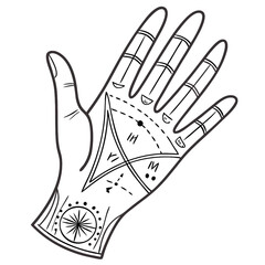 This artwork illustrates a science inspired sketch of a human hand adorned with various markings and diagrams emphasizing anatomical details in a creative manner