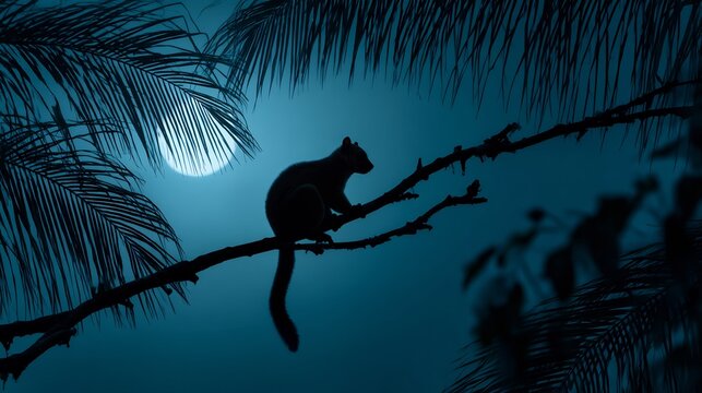 Silhouette of kinkajou Potos flavus hanging from a tropical tree branch night jungle scene moonlight glow exotic wildlife composition