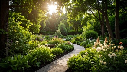 Obraz premium Scenic wooden pathway through a vibrant flower garden at sunset Peaceful idyllic scene.