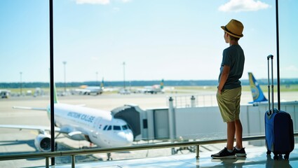 Young boy looking out of airport window with suitcase beside him  