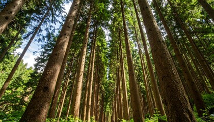 Obraz premium Tall Trees Reach for the Sky in Lush Forest with Sunlight, and Nature Background.