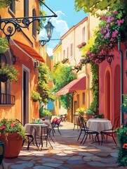 Fototapeta premium Summer street cafe, restaurant scene. Garden furniture with potted plants. 