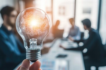 Hand holding lightbulb with abstract design, blurred office scene