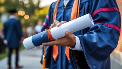 A rolled diploma is held proudly by a student wearing a graduation gown, marking a moment of accomplishment and celebration.
