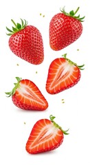 Whole and Sliced Strawberries Floating in the Air – Isolated on White Background

