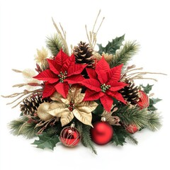 Festive Christmas centerpiece of poinsettias, pine cones, and ornaments