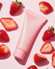 Tubo cosmetico rosa con fragole fresche