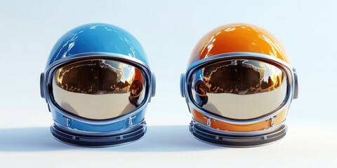 Two astronaut helmets, blue and orange, against a light background