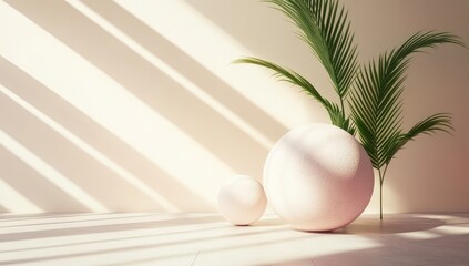 Pastel room with spheres and plants. Sunlight streams in