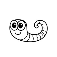 Naklejka premium Cute smiling worm with curled body and expressive eyes in black outline cartoon design for children’s content