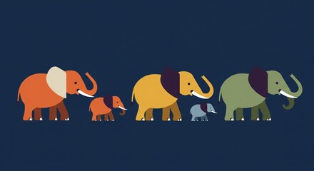 Colorful cartoon elephants marching in a row against a dark blue background, showcasing different sizes and vibrant colors.