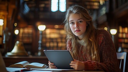Young woman studies in a library, using a tablet. Books and stationery are on the table. The setting is a grand, old library with warm lighting