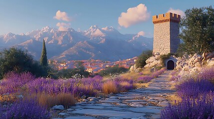 Lavender path, mountain village sunrise