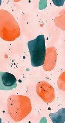 Abstract watercolor pattern on a pale pink background featuring various shapes, including rounded blobs,  teal-colored and coral-orange shapes and black dots