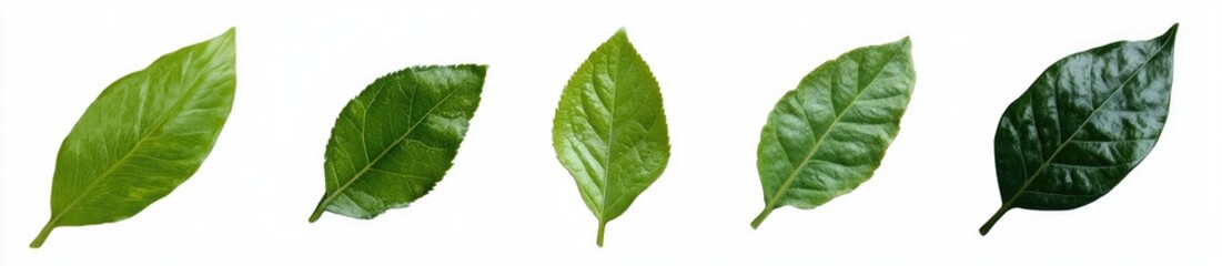 Obraz premium Five vibrant green leaves against a white background