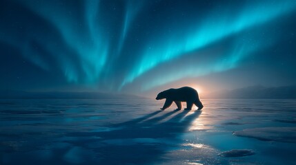 Fototapeta premium Silhouette of polar bear Ursus maritimus walking across icy terrain under aurora borealis Arctic nature setting glowing northern lights pristine and clean visuals