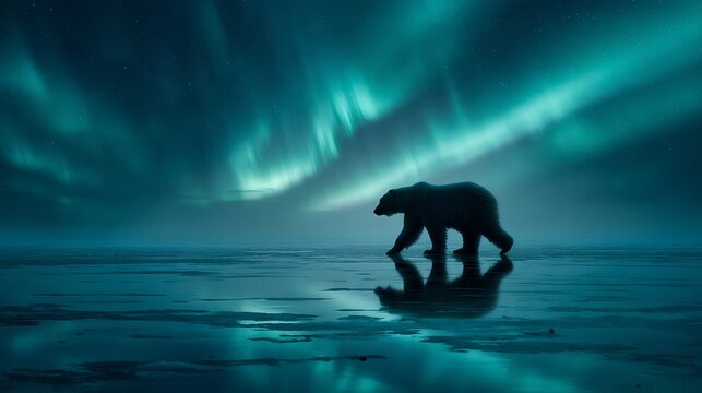 Silhouette of polar bear Ursus maritimus walking across icy terrain under aurora borealis Arctic nature setting glowing northern lights pristine and clean visuals