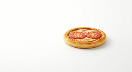 A simple, delicious pizza topped with cheese and fresh tomato slices on a white background, ready to be enjoyed as a perfect meal.