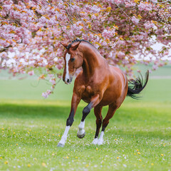 horse galloping in a meadow with blooming cherry trees 