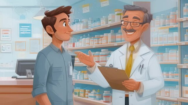 Friendly pharmacist taking notes on clipboard while listening to customer request at pharmacy counter, providing healthcare advice and medications