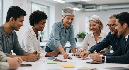 Fototapeta premium Diverse Team Collaboration Fostering Inclusivity and Innovation in the Modern Workplace
