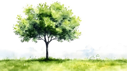 Fototapeta premium Watercolor painting of a solitary tree on a grassy field.