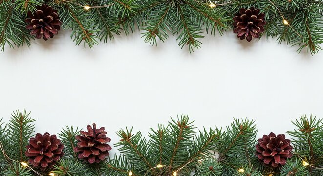 Festive evergreen boughs and pinecones with string lights arranged as a border on a white background create a warm holiday atmosphere.