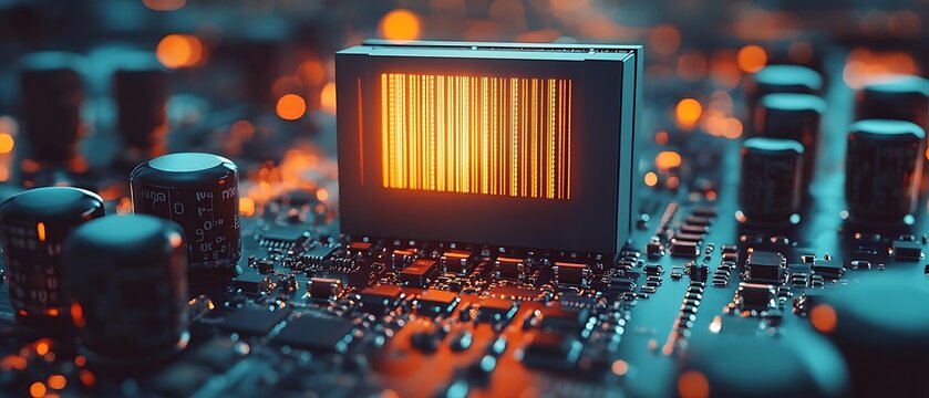 Circuit board barcode scanner, tech background