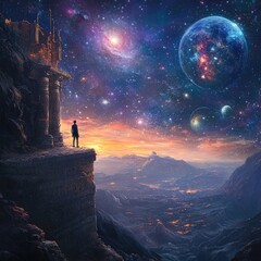 Man on clifftop, gazing at starry cosmos, fantasy landscape